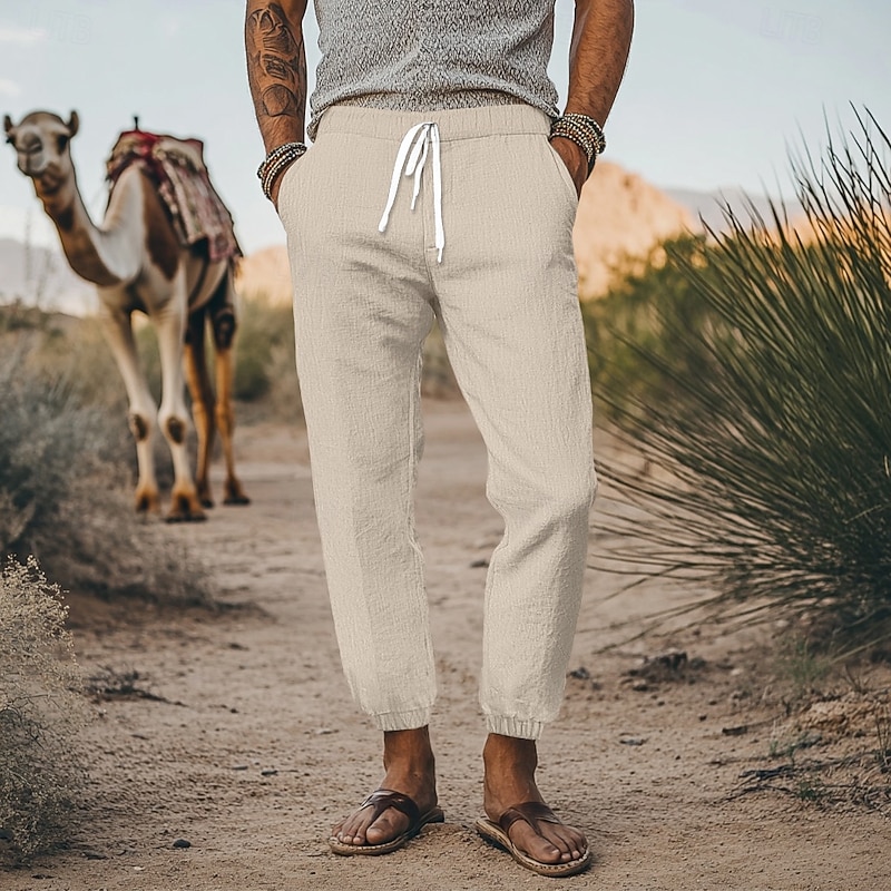 Men's Linen Pants Trousers Summer Pants Elastic Waist Straight Leg High Rise Solid Color Comfort Breathable Full Length Daily Streetwear Retro Vintage Black White High Waist Inelastic4