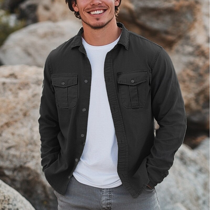 Men's Shirt Casual Shirt Button Up Shirt Black White Green Long Sleeve Plain Lapel Vacation Daily Front Pocket Clothing Apparel Fashion Casual Comfortable2