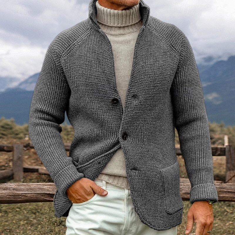 Men's Sweater Dress Sweater Cardigan Sweater Waffle Knit Cropped Knitted Stand Collar Clothing Apparel Fall Winter Navy Blue Brown XS S M - Main Image