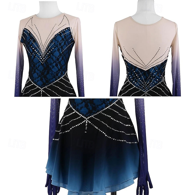 Figure Skating Dress Women's Girls' Ice Skating Dress Dark Blue High Elasticity Training Competition Skating Wear Classic Crystal / Rhinestone Long Sleeve Ice Skating Figure Skating4