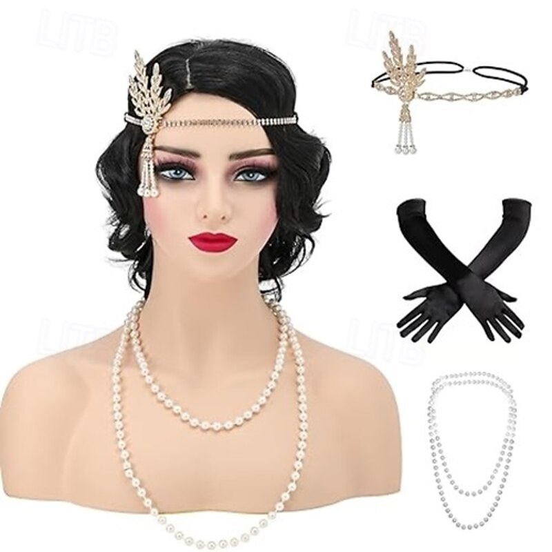 1920s Flapper Accessories Gatsby Costume Accessories Set for Women 20s Headpiece Pearl Necklace Gloves Holder2
