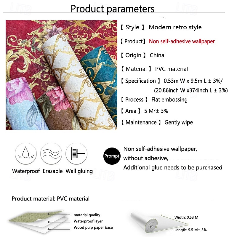 1 Roll 3D European Damask Non Self-adhesive Wallpaper Embossed Bedroom Headboard Living Room Background Wall Decoration Waterproof Wallpaper 950x53cm/374x20.87inch3