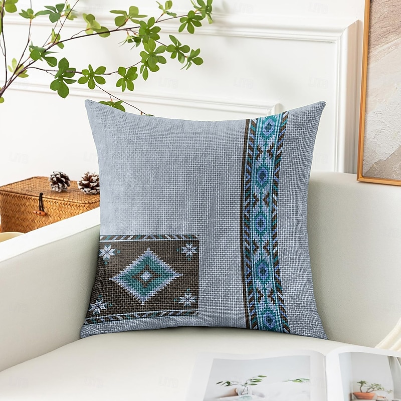 Vintage Ethnic Decorative Toss Pillows Cover 1PC Soft Square Cushion Case Pillowcase for Bedroom Livingroom Sofa Couch Chair Grey Blue4