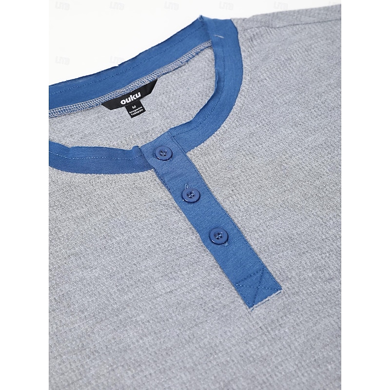 Men's T Shirt Henley Shirt Waffle Knit Tee Tee Top Long Sleeve Shirt Long Sleeve Color Block Fashion Designer Basic Patchwork Henley Vacation Street Going out Spring &  Fall Black White Blue Henley4