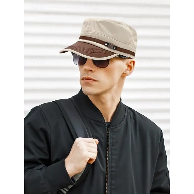 Men's Military Style Polyester Flat Top Cap with Adjustable Strap, Casual Outdoor Sun Hat for Hiking, Travel, and Everyday Wear2