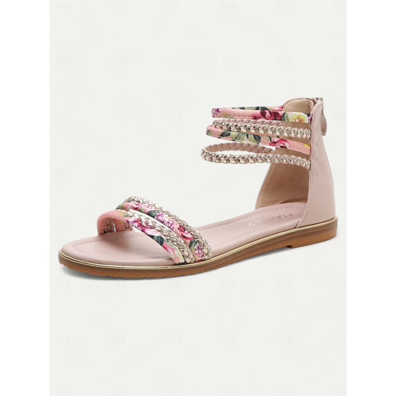 Women's Floral Braided Flat Sandals with Ankle Straps, Boho Beach Shoes for Summer Vacations and Casual Wear4
