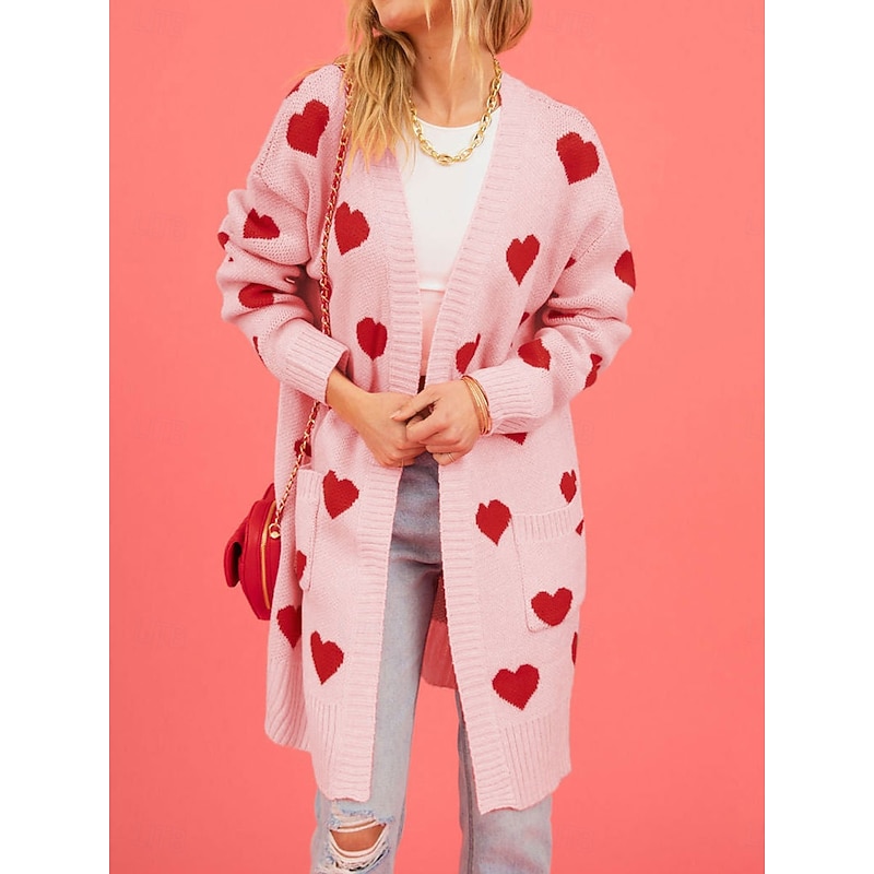Women's Valentine Pink Sweater Cardigan Elegant Fashion Streetwear Heart V Neck Pocket Knitted Long Sleeve Long Tops Knit Outdoor Daily Weekend Black Pink Fall Winter