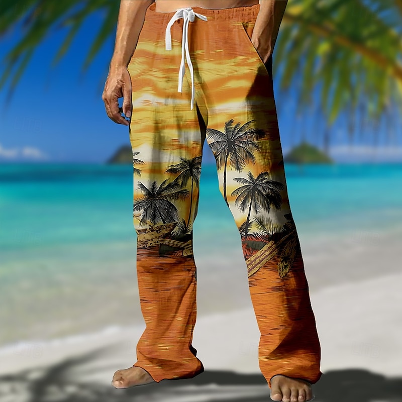 Men's Coconut Tree Scenery Trousers Casual Pants Mid Waist Drawstring Elastic Waist Hawaiian Outdoor Vacation Holiday Straight Leg Trousers Summer Spring Fall 3D Print Red Blue Orange