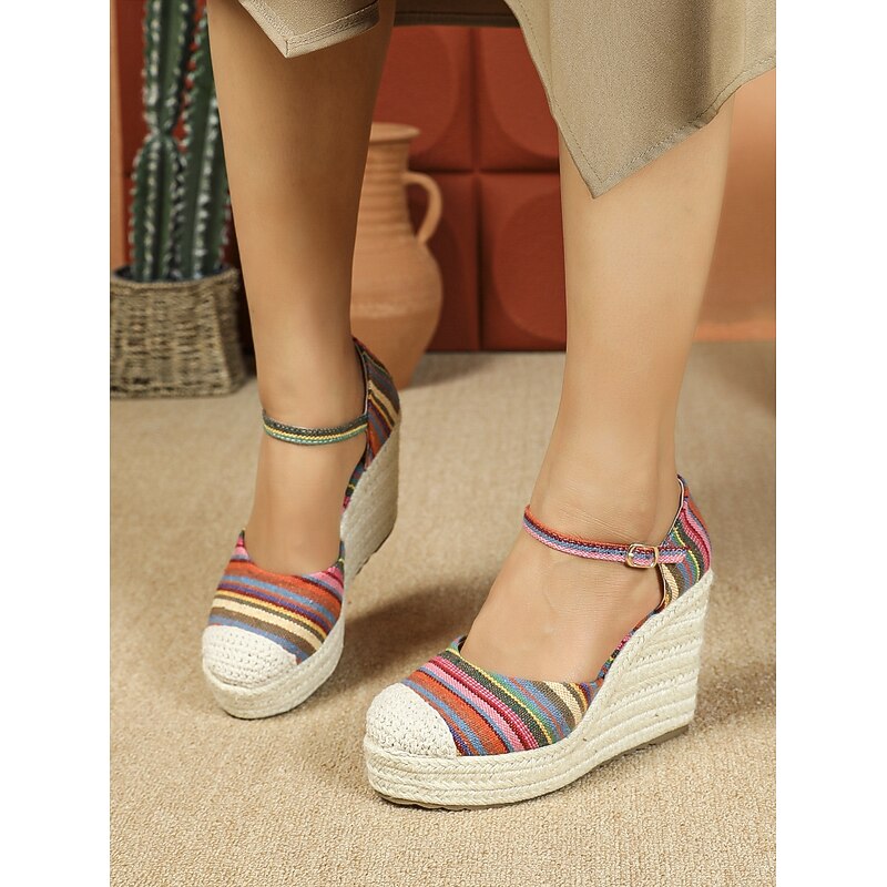 Women's Colorful Striped Wedge Espadrille Sandals with Ankle Strap - Boho Chic Summer Shoes for Casual and Beach Wear