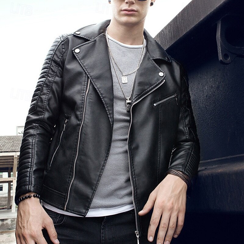 Men's Faux Leather Jacket Transition Jacket Biker Jacket Motorcycle Jacket Vacation Daily Windproof Warm Pocket Fall & Winter Plain Fashion Classic Lapel Regular Black Dark Blue Jacket4