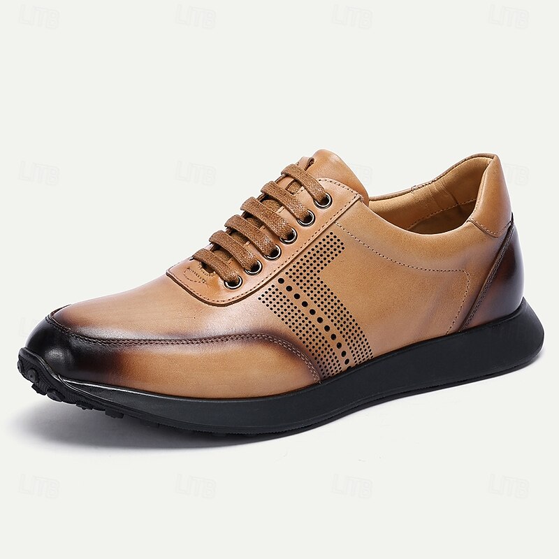 Stylish Brown Leather Lace-Up Sneakers with Perforated Detail for Men | Perfect for Casual and Business Casual3