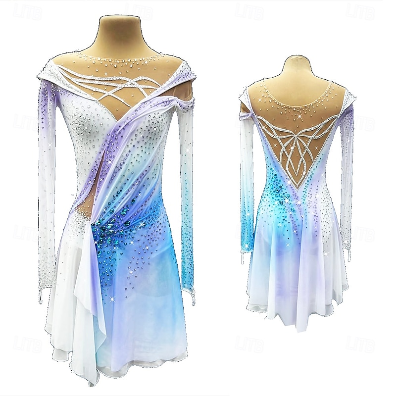 Figure Skating Dress Women's Girls' Ice Skating Dress White Thumbhole Halo Dyeing High Elasticity Professional Competition Skating Wear Thermal Warm Crystal / Rhinestone Long Sleeve Ice Skating