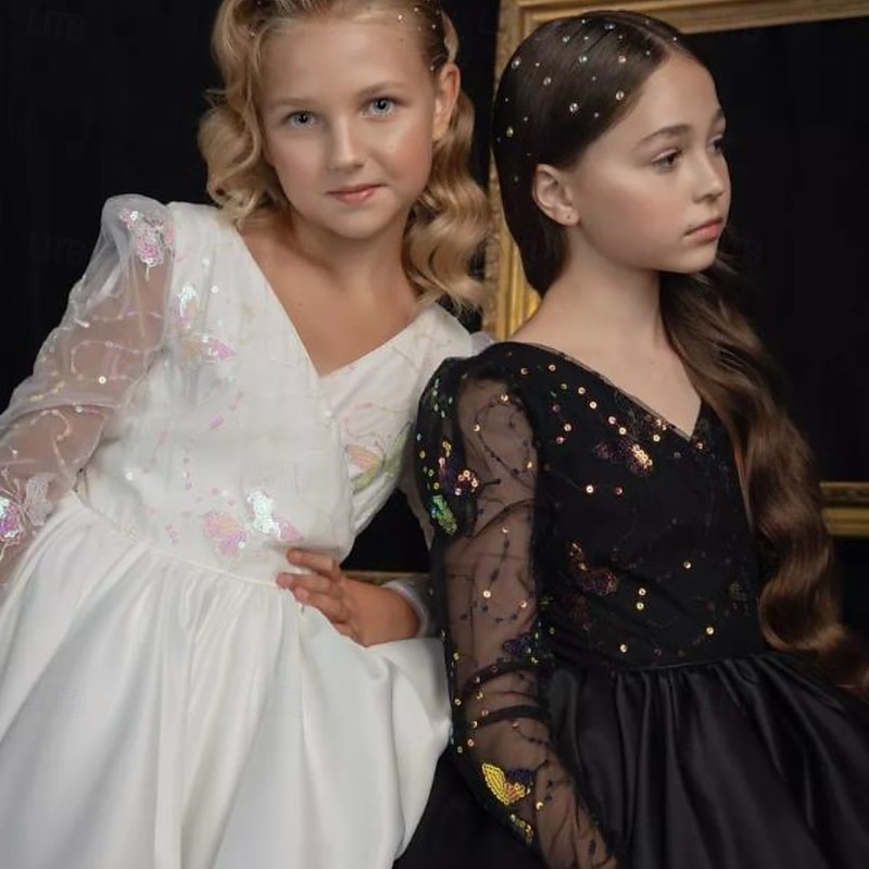 Kids Girls' Flower Girl Dress First Communion Dress Party Dress Solid Color Long Sleeve Performance Wedding Party Mesh Princess Sweet Mesh Mid-Calf Sheath Dress Tulle Dress Summer Spring Fall kids2