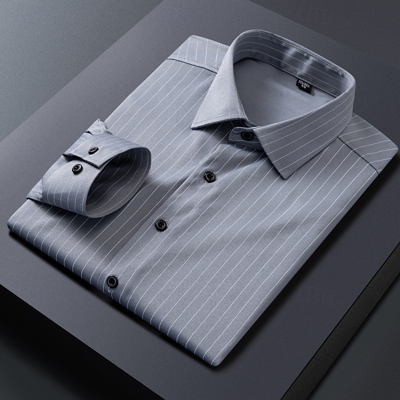 Men's Dress Shirt Striped Shirt Non Iron Shirt Wedding Outdoor Black White Gray Long Sleeve Collar Summer Spring Clothing Apparel
