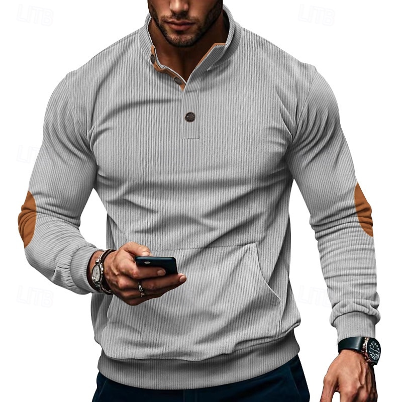 Men's Sweatshirt Apricot Black Army Green Brown Light Grey Standing Collar Color Block Patchwork Ribbed Textured Sports & Outdoor Daily Holiday Polyester Corduroy Streetwear Basic Casual Spring