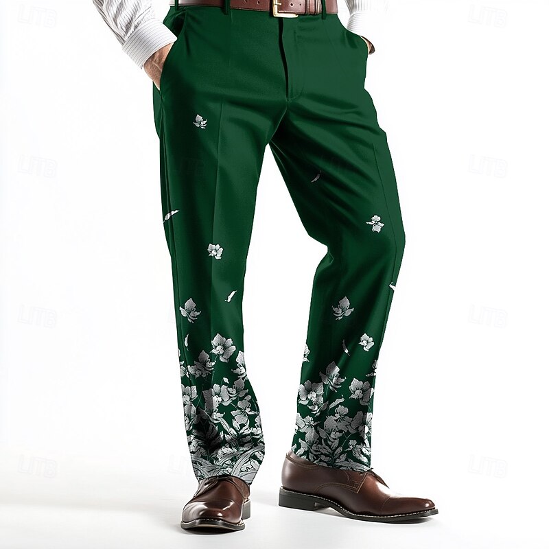 Men's Floral Print Trousers Dress Pants Mid Waist Business Casual Wedding Holiday Dads Day Gifts Flat-Front Straight Leg Trousers Summer Spring Fall 3D Print Black Wine Blue4