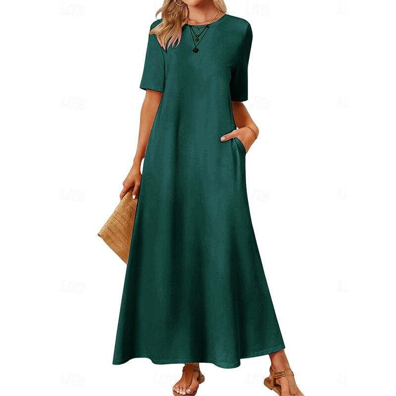 Women's Maxi Dress Casual Dress A Line Dress Stylish Basic Casual Vacation Daily Regular Fit Plain Short Sleeve Crew Neck Pink Blue Dark Green Summer Spring2