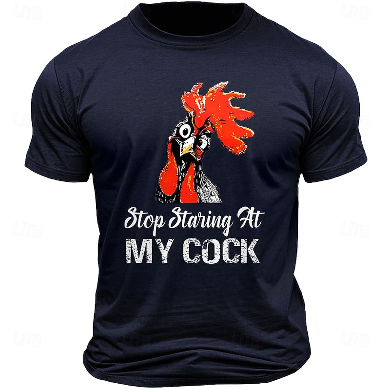 Men's Funny Graphic T-Shirt with "Stop Staring At My Cock" Rooster Pun Design Short Sleeve Tee3