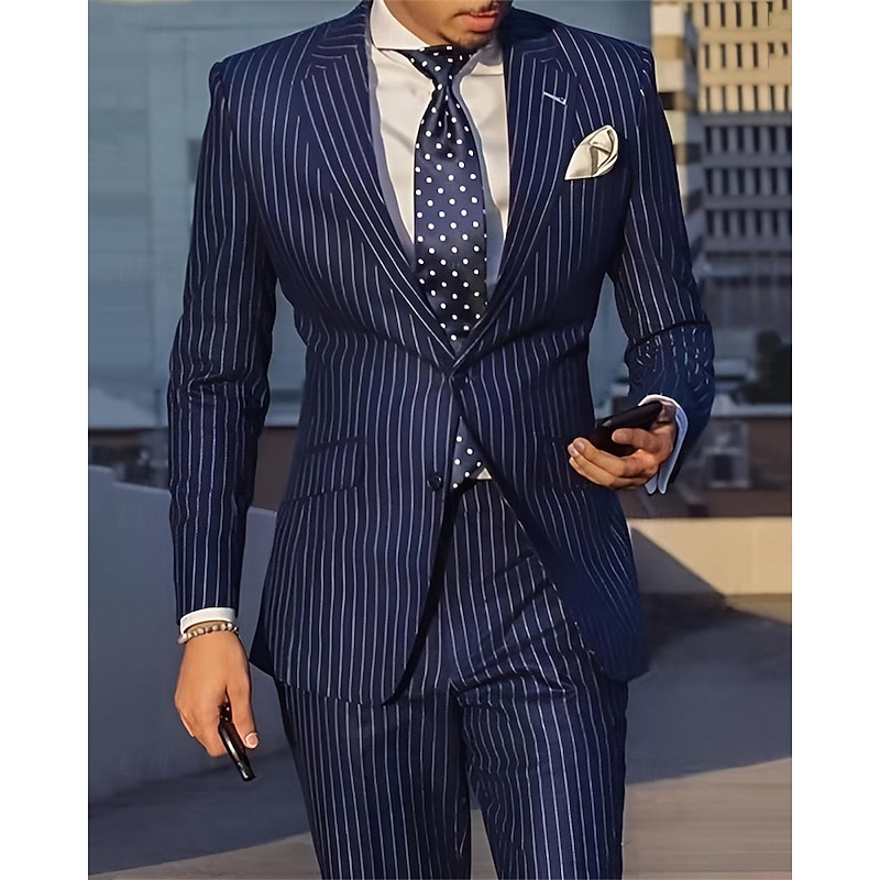 Men's Blazer Set Business Cocktail Party Wedding Party Fashion Casual Spring &  Fall Polyester Stripes Pocket 2 Piece Comfortable Single Breasted Blazer Black Navy Blue2