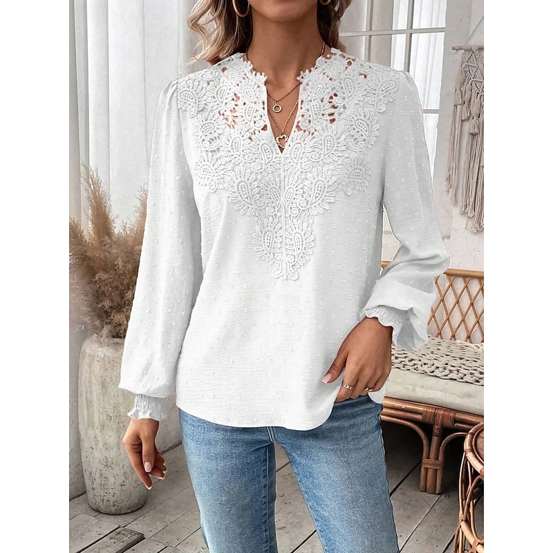 Women's Shirt Blouse Solid Color Basic Casual Long Sleeve V Neck Regular Tops Daily Going out Lace Patchwork Maroon White Green Spring Fall Winter3