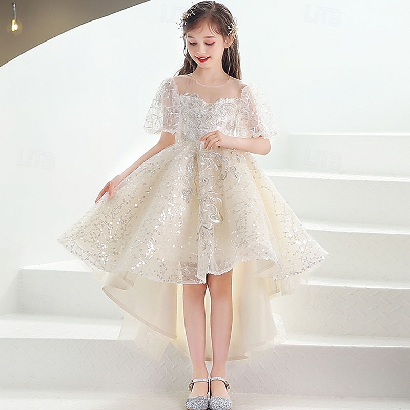 Flower Girl Dress Kid's Girls' Princess Dress Performance Wedding Party Elegant Beautiful Sequins Mesh Solid Color Short Sleeve Crew Neck Champagne 4 years+2