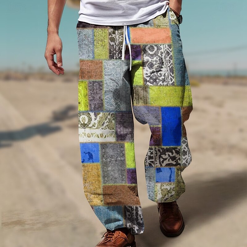 Men's Color Block Patchwork Mid Waist Hawaiian Casual Outdoor Casual Holiday Straight Leg Trousers Summer Spring 3D Print Red Blue Brown2