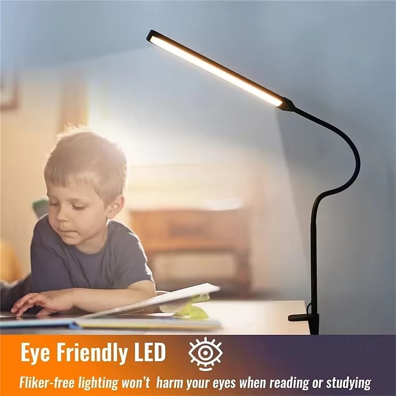 LED Eye Protection Desk Lamp USB Powered for Learning & Reading – Full Spectrum, Low Blue Light with Folding Clip and Dimmable 1PC4