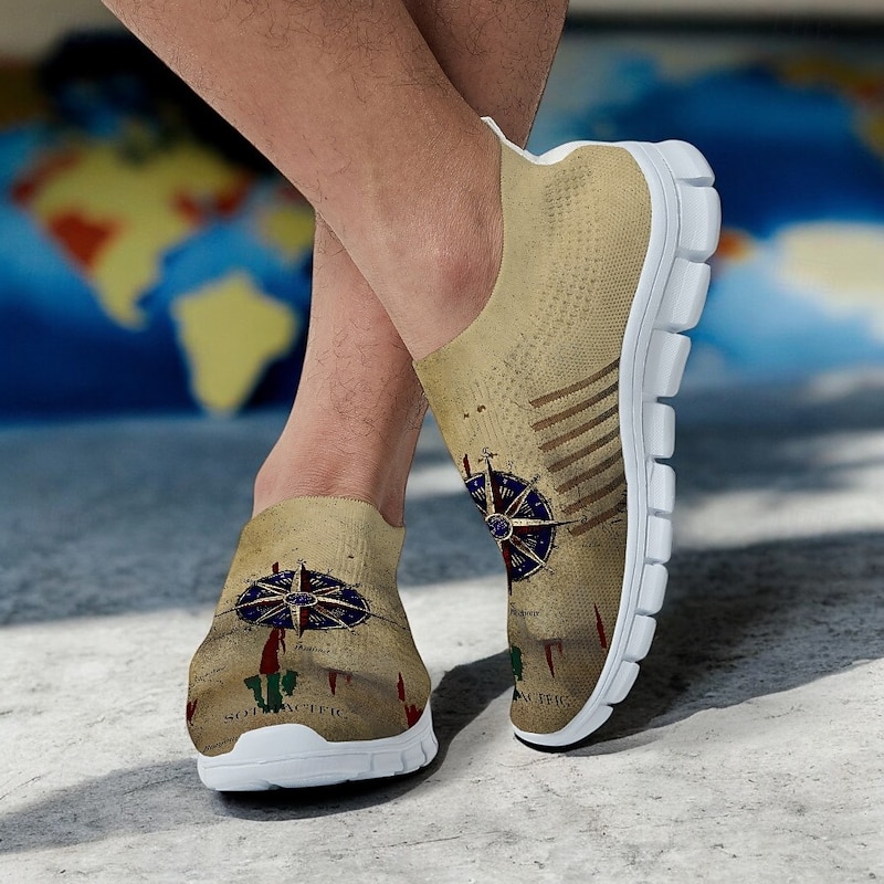 Men's Khaki Compass Print Flyknit Sneakers - Lightweight Breathable Running Shoes for Travel, Hiking and Casual Wear2