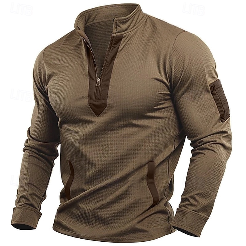 Men's T Shirt Waffle Knit Tee Quarter Zip Tee Long Sleeve Stand Collar Quarter Zip Spring Fall Spring &  Fall Solid Color Knitwear Vintage Daily Patchwork Pocket Outdoor Causal Casual Black khaki Top
