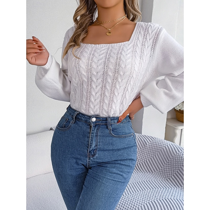 Women's Sweater Casual Soft Pure Color Cable Square Neck Knitted Long Sleeve Regular Tops Knit Outdoor Daily Weekend White Wine Fall Winter3