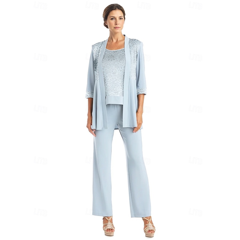 Pantsuit Beach Wedding 3 Piece Mother of the Bride  Elegant Jewel Neck Floor Length Chiffon Long Sleeve Wrap Included with Lace Solid Color3
