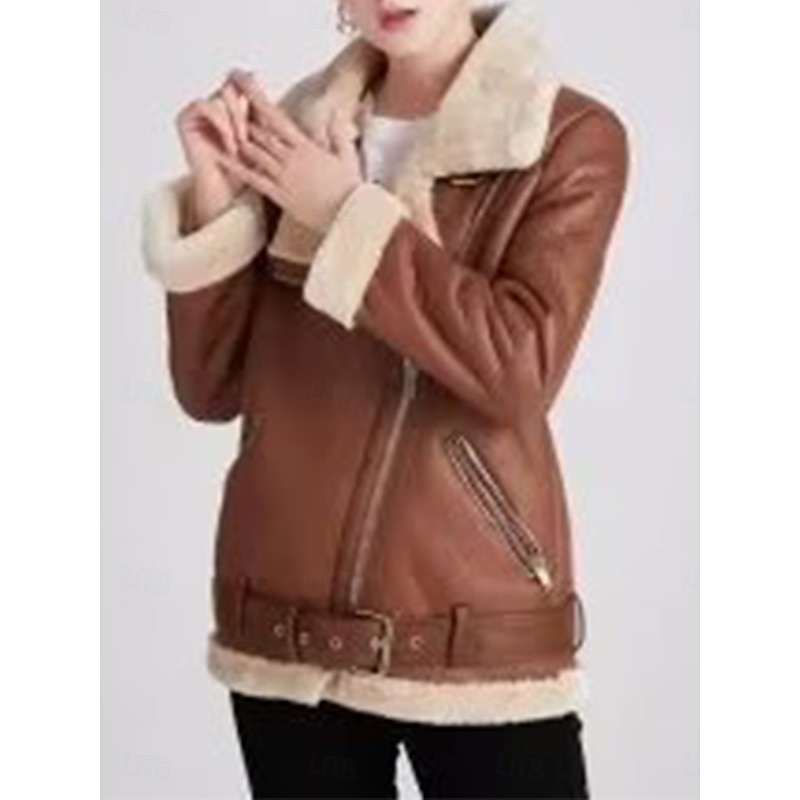 Women's Faux Leather Jacket Winter Coat Winter Jacket Windproof Warm Patchwork Fashion Solid Color Street Casual Daily Regular Turndown Regular Fit Long Sleeve Outerwear Black Brown Fall Winter2