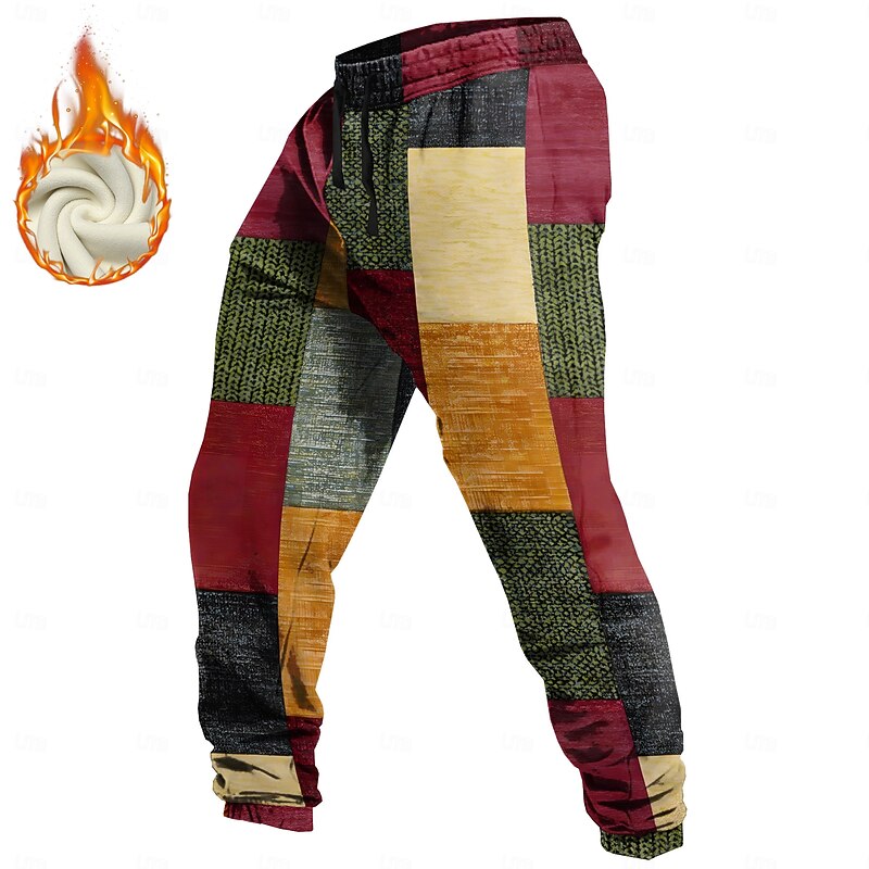 Men's Color Block Patchwork Geometric Pattern Fleece Sweatpants Drawstring Elastic Waist Vintage Casual Outdoor Holiday Streetwear Warm Fleece Lined Thermal Winter 3D Print Red Blue Purple