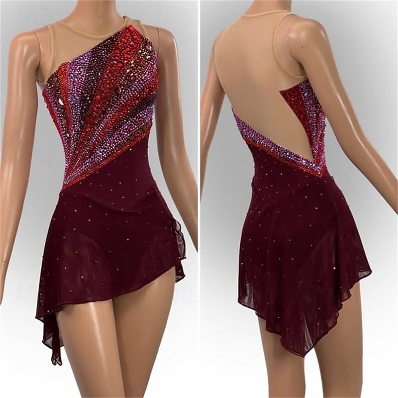 Figure Skating Dress Women's Girls' Ice Skating Dress Red Asymmetric Hem Mesh High Elasticity Training Competition Skating Wear Classic Crystal / Rhinestone Sleeveless Ice Skating Figure Skating