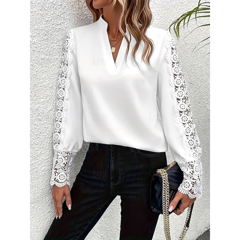 Women's Shirt Blouse Solid Color Basic Casual Long Sleeve V Neck Regular Tops Daily Lace Patchwork White Fall Winter3