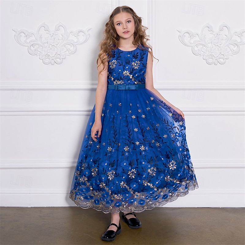 Kids Girls' Party Dress Floral Sleeveless Performance Birthday Mesh Tie Knot Beautiful Sweet Polyester Maxi Party Dress Swing Dress A Line Dress Summer 4 years+ Champagne Blue Green