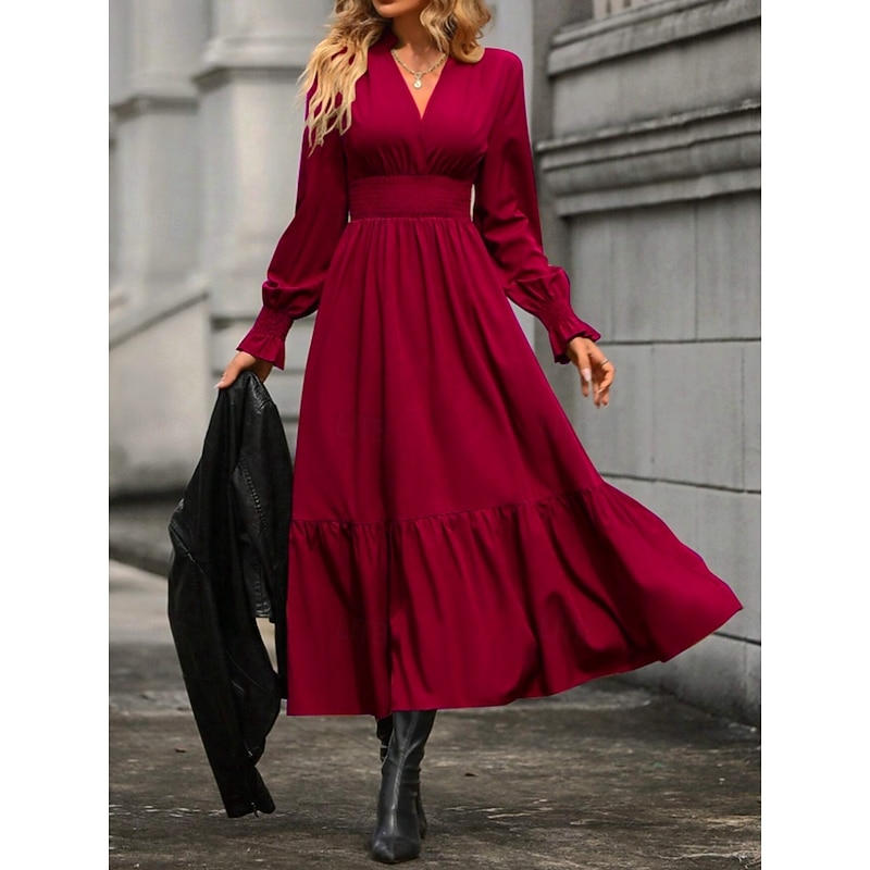 Women's Casual Dress Midi Dress Ruffle Casual V Neck Long Sleeve Black Wine Khaki Color3