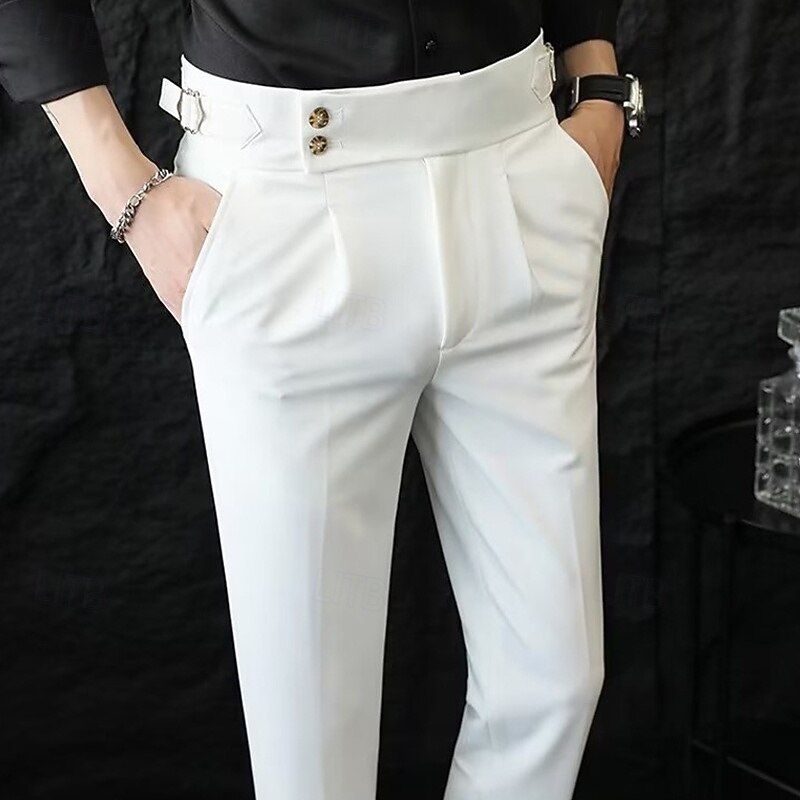 Men's Graduation Dress Pants Naples Trousers Trousers Chinos Buttons Pocket Straight Leg Plain Comfort Formal Party Work Fashion Classic Style Black White Micro-elastic