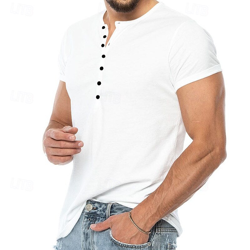Men's T Shirt Henley Shirt Henley Top Short Sleeve Solid Color Classical Button Up Henley Outdoor Casual Athleisure Spring Fall Spring &  Fall Dark Brown Black White Henley T-Shirt2