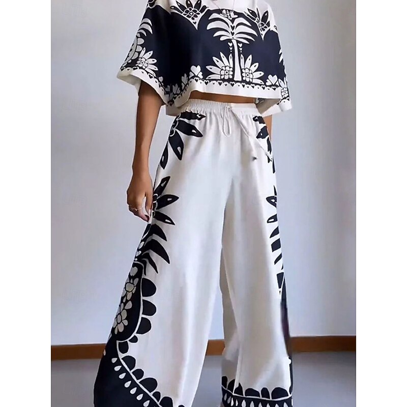 Women's Fashion Streetwear Daily Blouse Wide Leg Pants 3/4 Length Sleeve Crew Neck Floral Drawstring Casual Daily White Spring &  Fall Regular Fit