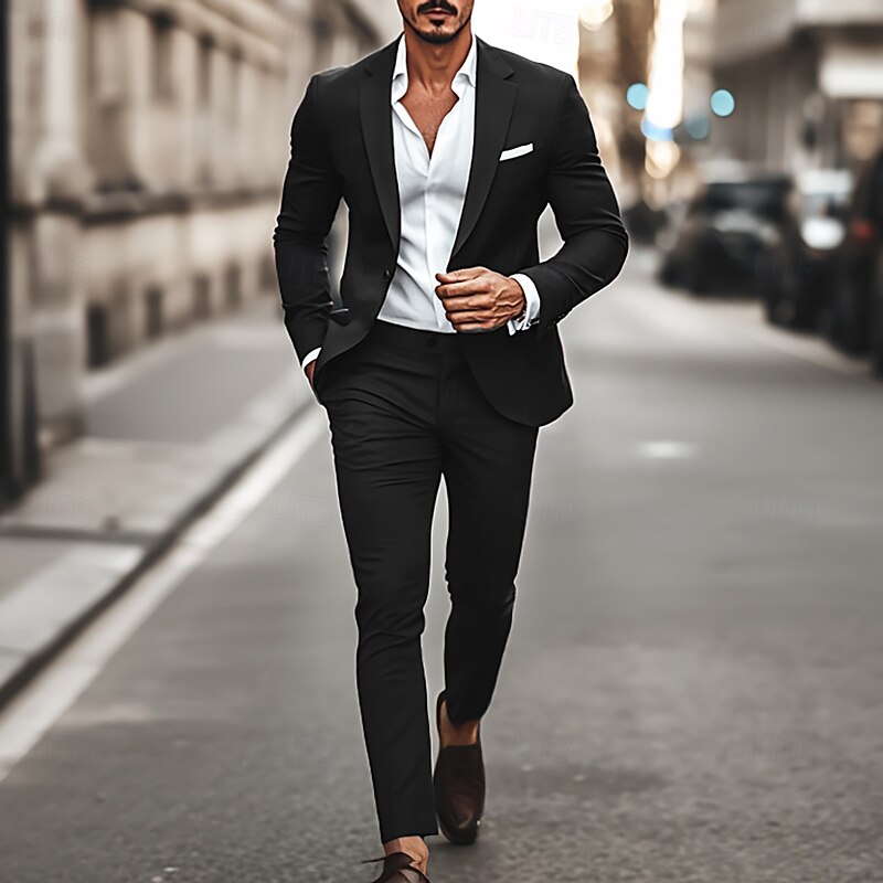 Men's Casual Suits Notch Lapel Black Burgundy WorkWear Street Style Solid Colored Standard Fit 2 Piece Single Breasted One-button2
