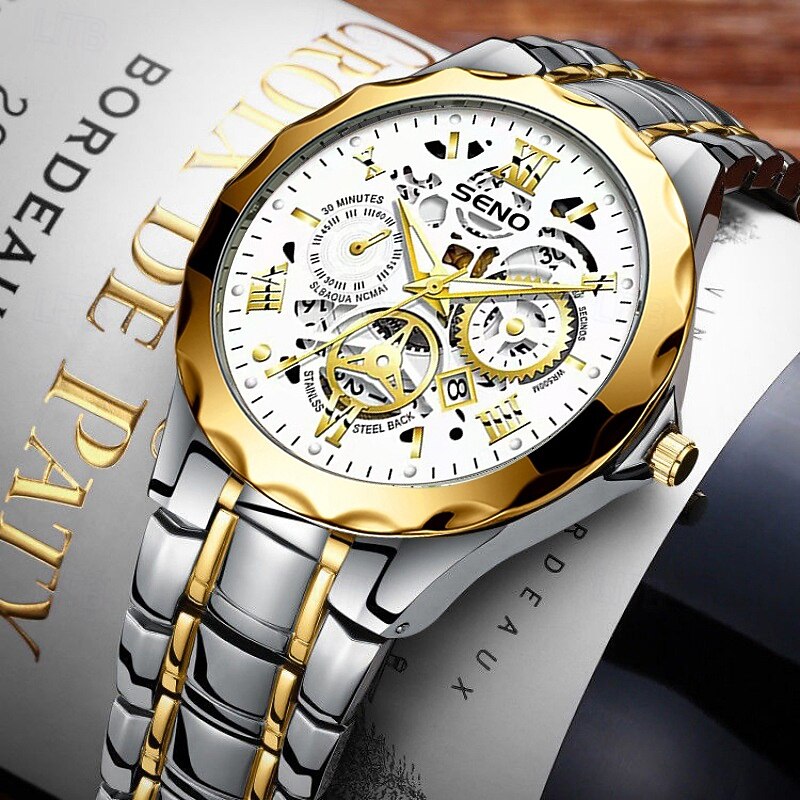 New Stainless Steel With Men'S Skeletonized Business Quartz Watch Fashion Trend Waterproof Luminous Calendar Simple Leisure Sports Men'S Watch