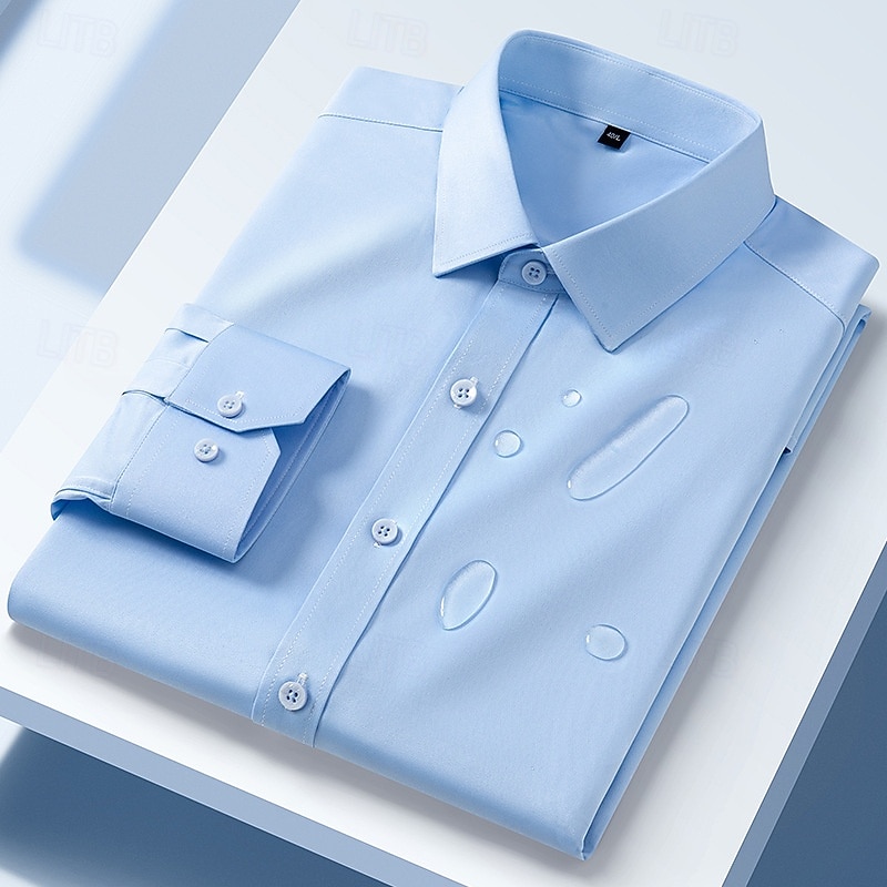 Men's Dress Shirt Wrinkle Resistant Water-Resistant Plain Wedding Outdoor Light Blue White Blue Gray Long Sleeve Spread Collar Summer Spring Clothing Apparel