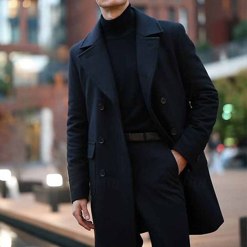 Men's Peacoat Trench Coat Vacation Daily Fall & Winter Polyester Warm Outerwear Clothing Apparel Fashion Classic Plain Pocket Lapel Double Breasted