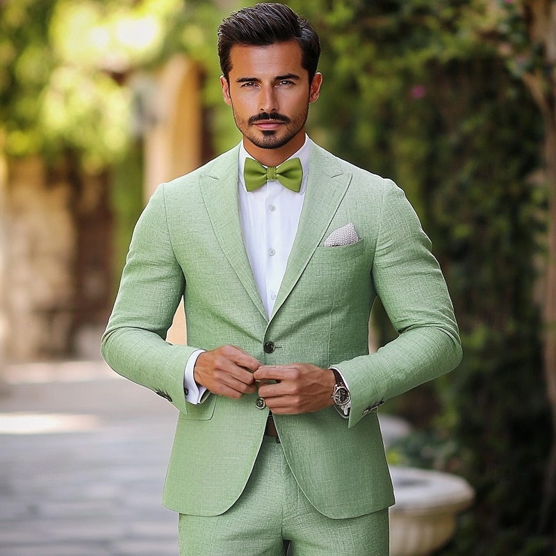 Men's Party Linen Suits Peaked Lapel Sage Solid Colored Standard Fit 2 Piece Single Breasted Two-buttons
