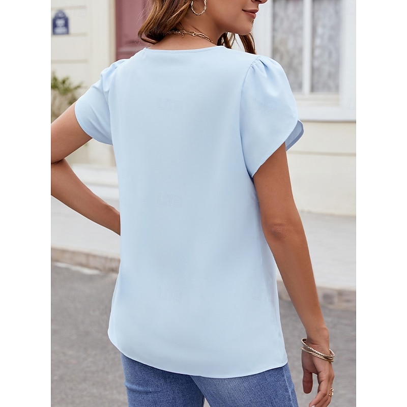 Women's Shirt Blouse Solid Color Basic Casual Short Sleeve V Neck Regular Tops Daily Beaded Black Sky Blue Fuchsia Summer Spring3