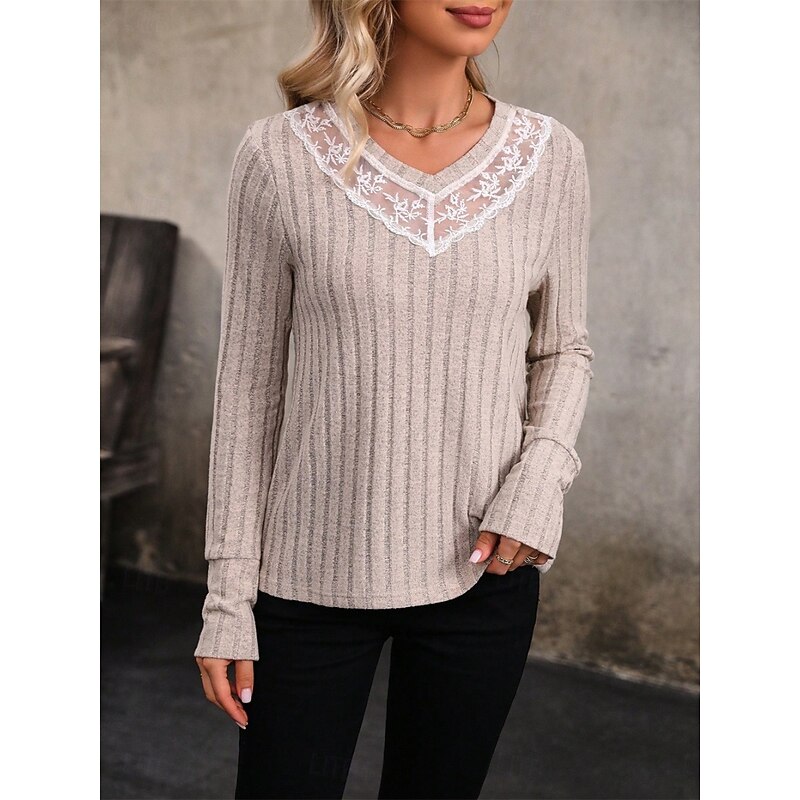 Women's Elegant Lace Tops Eyelet Blouse Casual Solid Color Regular Tops Long Sleeve V Neck Lace Patchwork Regular Fit Daily Romantic Petite Tops Summer Holiday Wear Gray Semi Formal Blouses3
