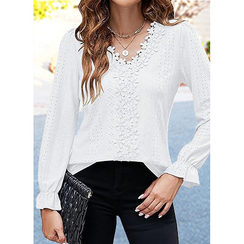 Women's Shirt Blouse Solid Color Basic Casual Long Sleeve V Neck Regular Tops Daily Lace Patchwork White Pink Green Spring Fall
