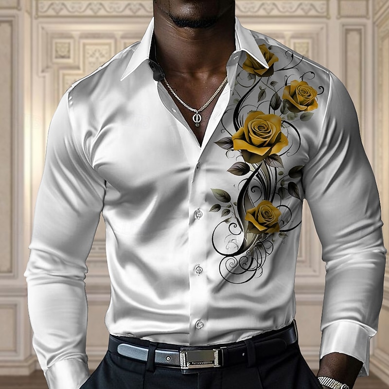 Men's Rose Casual Shirt Button Up Shirt Long Sleeve Fashion Casual Party Casual Spring Fall Turndown Button Up Black Yellow Red Blue4