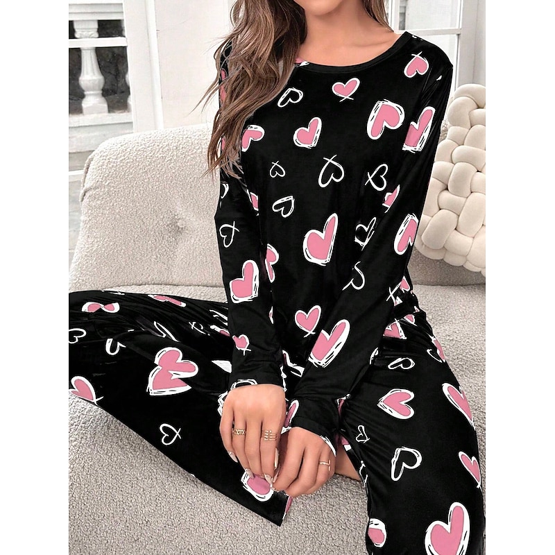 Women's Pajama Set Casual Comfort Comfrt Heart T Shirt Pant Home Long Sleeve Crew Neck Pink Spring Fall Winter3